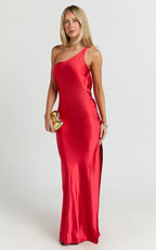 Helga Maxi Dress - Satin One Shoulder Cowl Back Bias Cut Dress in Red