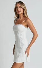 Gelli Mini Linen Blend Dress - Strappy Lace Detail Dress in White
