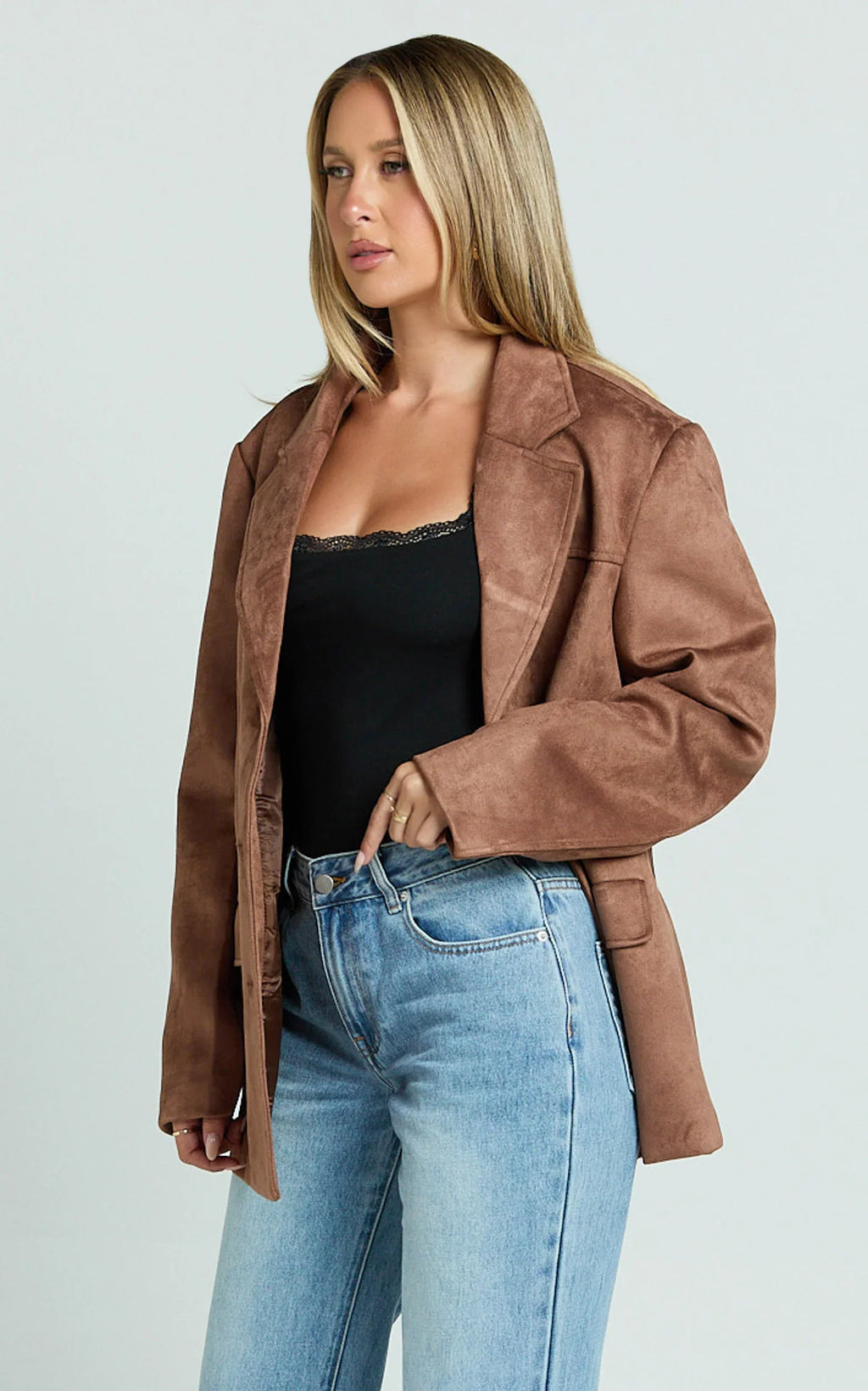 Priscilla Jacket - Faux Suede Relaxed Fit Jacket in Brown Tan