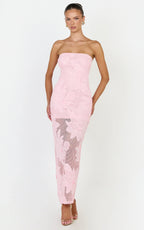 Sienna Midi Dress - Strapless Floral Embroidered Bodycon Dress in Pink