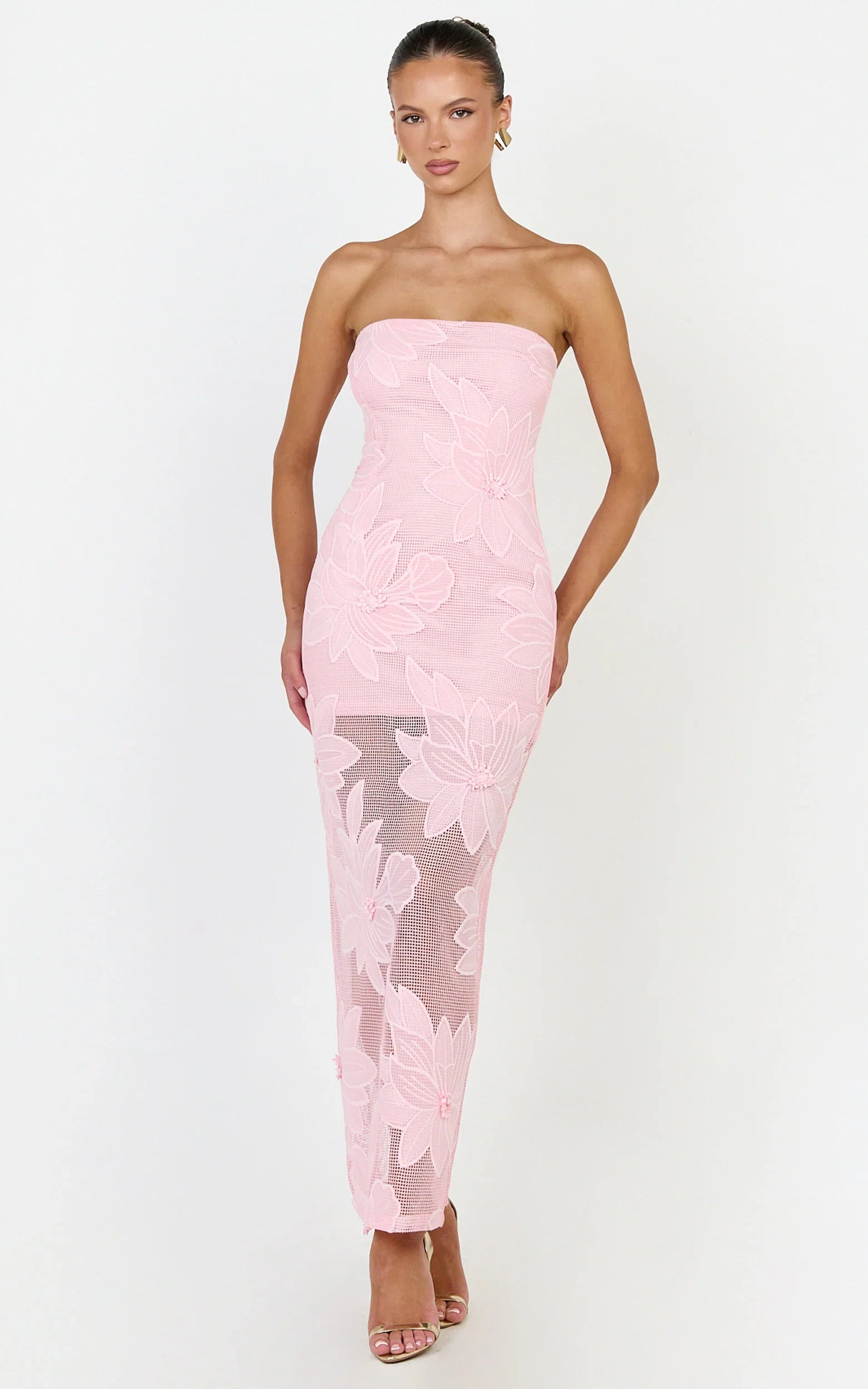 Sienna Midi Dress - Strapless Floral Embroidered Bodycon Dress in Pink