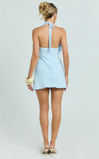 Faye Mini Dress - Halter Neck Chain Detail Draped Front Dress in Blue