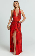 Eva Maxi Dress - Plunge Halter Wrap Dress in Abstract Adeana Print