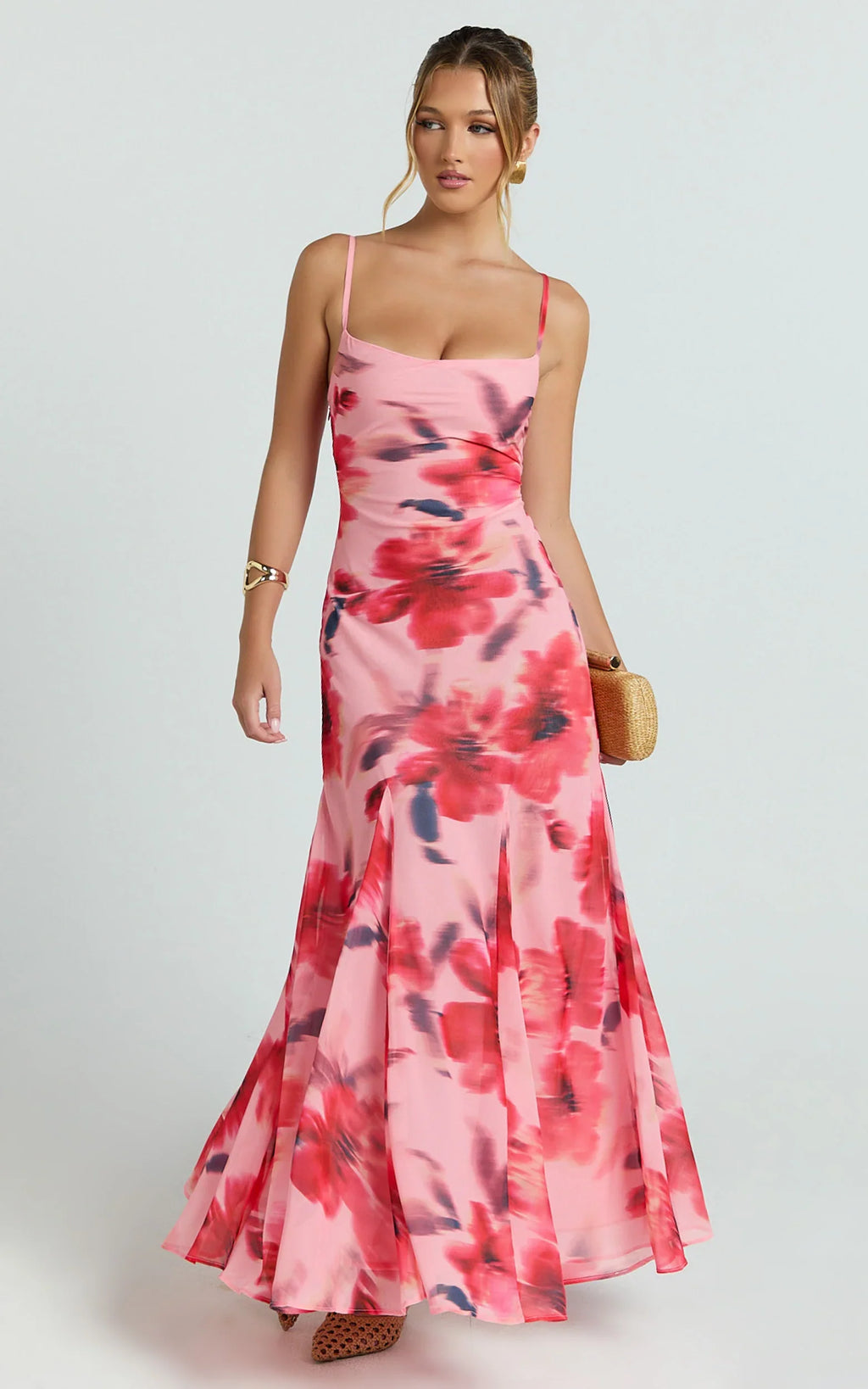 Claudia Maxi Dress - Floral Cowl Neck Godet Dress in Pink Floral
