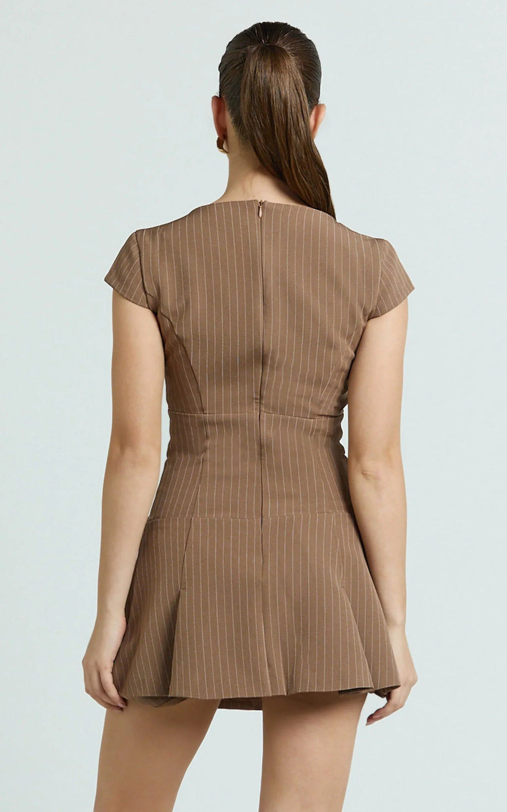 Steph Mini Dress - V Neck Cap Sleeve Pleat Skirt Dress in Chocolate