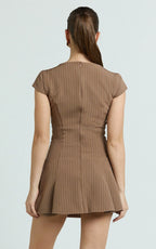 Steph Mini Dress - V Neck Cap Sleeve Pleat Skirt Dress in Chocolate