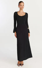 Michelle Maxi Dress - Scoop Neck Flute Sleeve Knit Maxi Dress in Black
