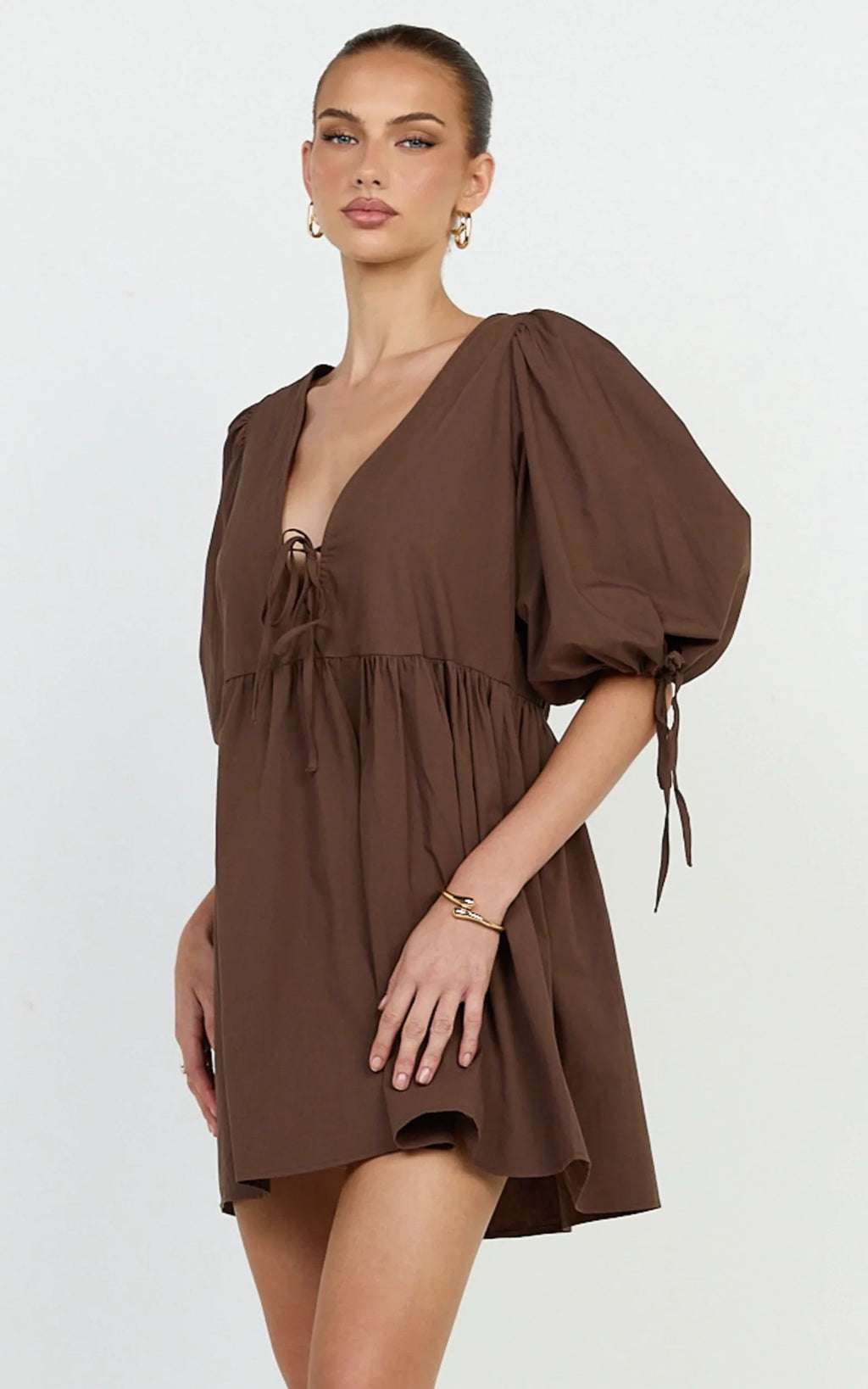 Rosita Mini Dress - Tie Front Puff Sleeve Dress in Chocolate