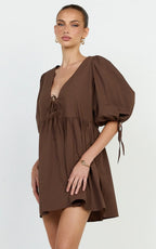 Rosita Mini Dress - Tie Front Puff Sleeve Dress in Chocolate