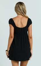 Brooks Mini Dress - Puff Sleeve Front Tie Babydoll Dress in Black