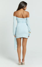 Noah Mini Dress - Off Shoulder Draped Skirt Jersey Dress in Blue