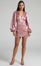 Richmond Mini Dress - Long Sleeve Ruched Dress in Dusty Pink