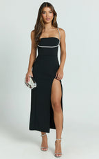 Sharley Midi Dress - Diamante Detail Pencil Dress in Black