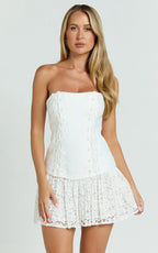 Emerie Mini Dress - Strapless Drop Waist Pleated Dress in Cream
