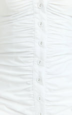 Mya Mini Dress - Scoop Neck Ruched Button Front Puff Sleeve Dress in White