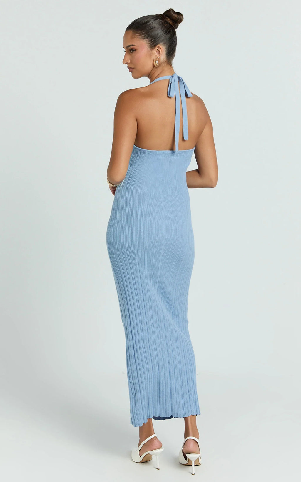Julie Midi Dress - Halter Neck Button Front Dress in Blue
