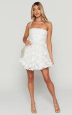 Rheiva Mini Dress - Strapless 3D Embroidery Dress in White