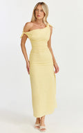 Cincinnati Midi Dress - Off The Shoulder Side Split Column Linen Dress in Lemon
