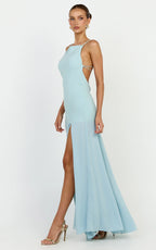 Ayla Maxi Dress - High Neckline Contrast Georgette Skirt Dress in Blue