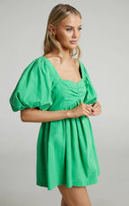 Vashti Mini Dress - Puff Sleeve Sweetheart Dress in Green