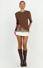 Abby Top - Asym Tee with Lace Trim in Chocolate