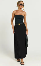 Harlee Midi Skirt - Pleated High Waist A Line Skirt in Black