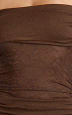 Juliet Maxi Dress - Off Shoulder Long Sleeve Ruched Overlay Lace Dress in Choc