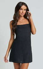 Mavie Mini Linen Dress - Linen Strappy Shift Dress in Black