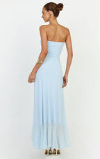 Oceana Maxi Dress - Strapless Sweetheart Neckline Mesh Dress in Blue