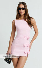 Arna Mini Dress - High Neck Fitted Bow Detail Leg Split Fitted Dress in Pink