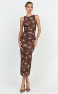 Loralie Midi Dress - Mesh High Neck Bodycon Dress in Chocolate Blurred Print