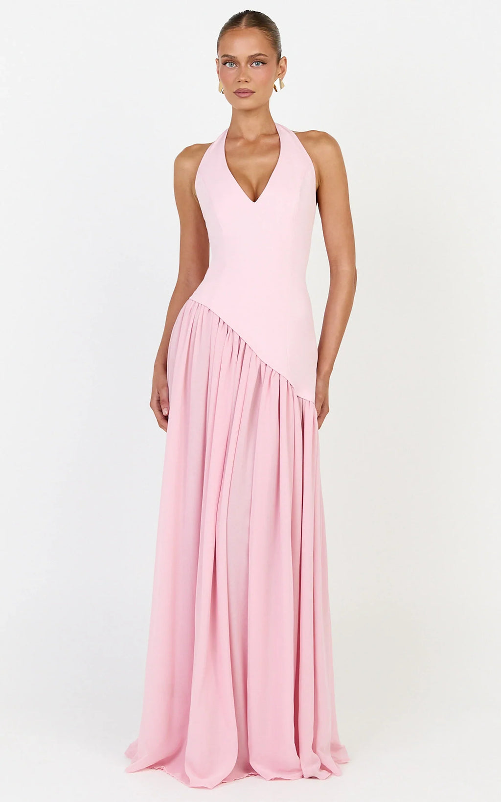 Calla Maxi Dress - Halter Neck Asymmetric Dropped Waist Dress in Pink