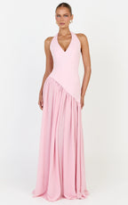 Calla Maxi Dress - Halter Neck Asymmetric Dropped Waist Dress in Pink
