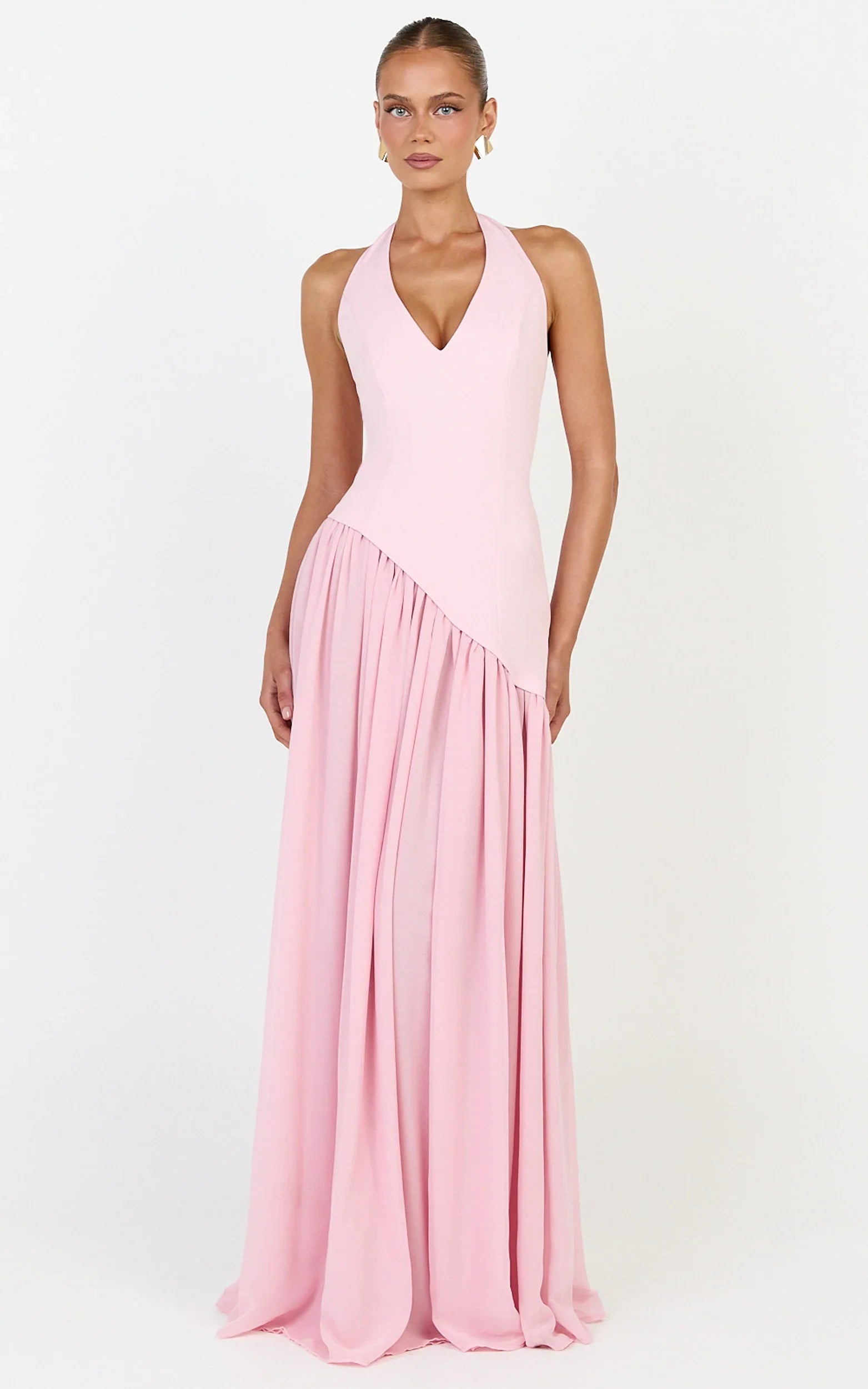 Calla Maxi Dress - Halter Neck Asymmetric Dropped Waist Dress in Pink