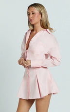 Valentina Mini Dress - Collared Long Sleeve Button Front Dropped Waist Dress in Pink