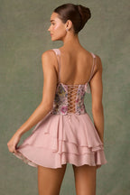 Embellished Ruffled Corset Mini Dress in Floral Pink