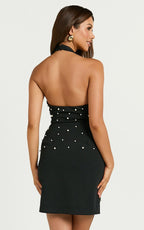 Marya Mini Dress - Pearl Detail Plunge Neck Dress in Black