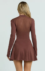 Camilla Mini Dress - Turtle Neck Fit And Flare Sheer Contrast Knit Dress in Chocolate