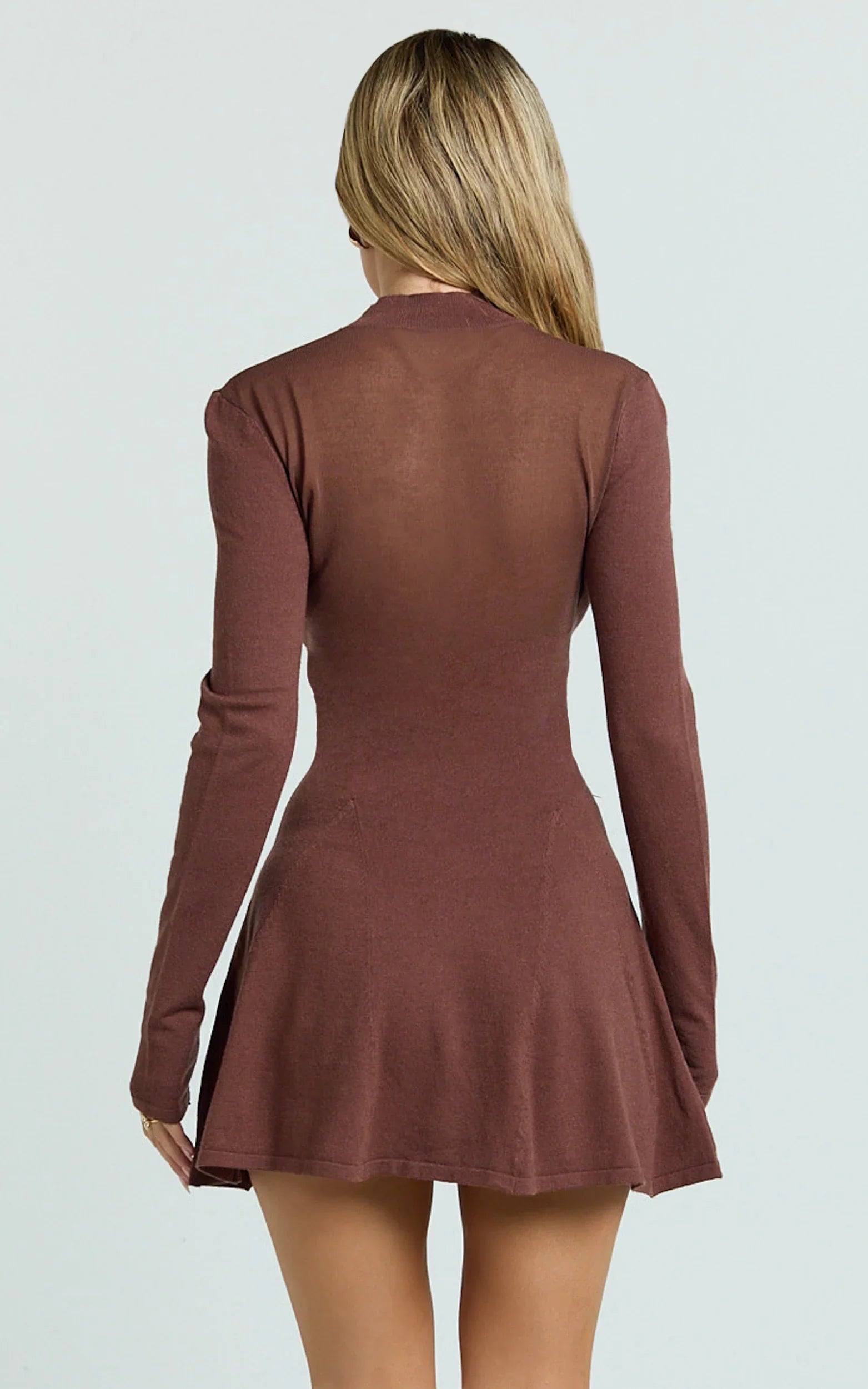 Camilla Mini Dress - Turtle Neck Fit And Flare Sheer Contrast Knit Dress in Chocolate