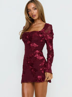 Better Love Long Sleeve Mini Dress Burgundy Floral