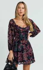Jessell Mini Dress - Long Sleeve Cowl Corset Dress in Burnt Out Floral