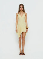 Rush Beaded Asymmetrical Halter Mini Dress Yellow