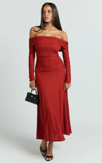 Perla Midi Dress - Off The Shoulder Sleeve Drop Waist Dress in Red