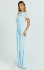 Nicolette Maxi Dress - Cape Sleeve Off Shoulder Dress in Blue
