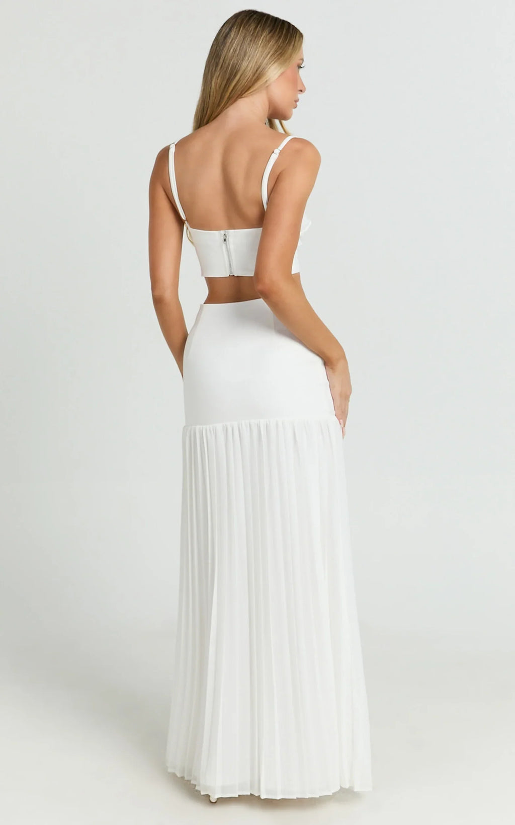 Rowan Two Piece Top and Skirt Set - Square Neck Crop Top and High Waist Pleated Maxi Skirt Set in Ivory