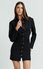 Lizzie Mini Dress - Long Sleeve Button Front Shirt Dress in Black