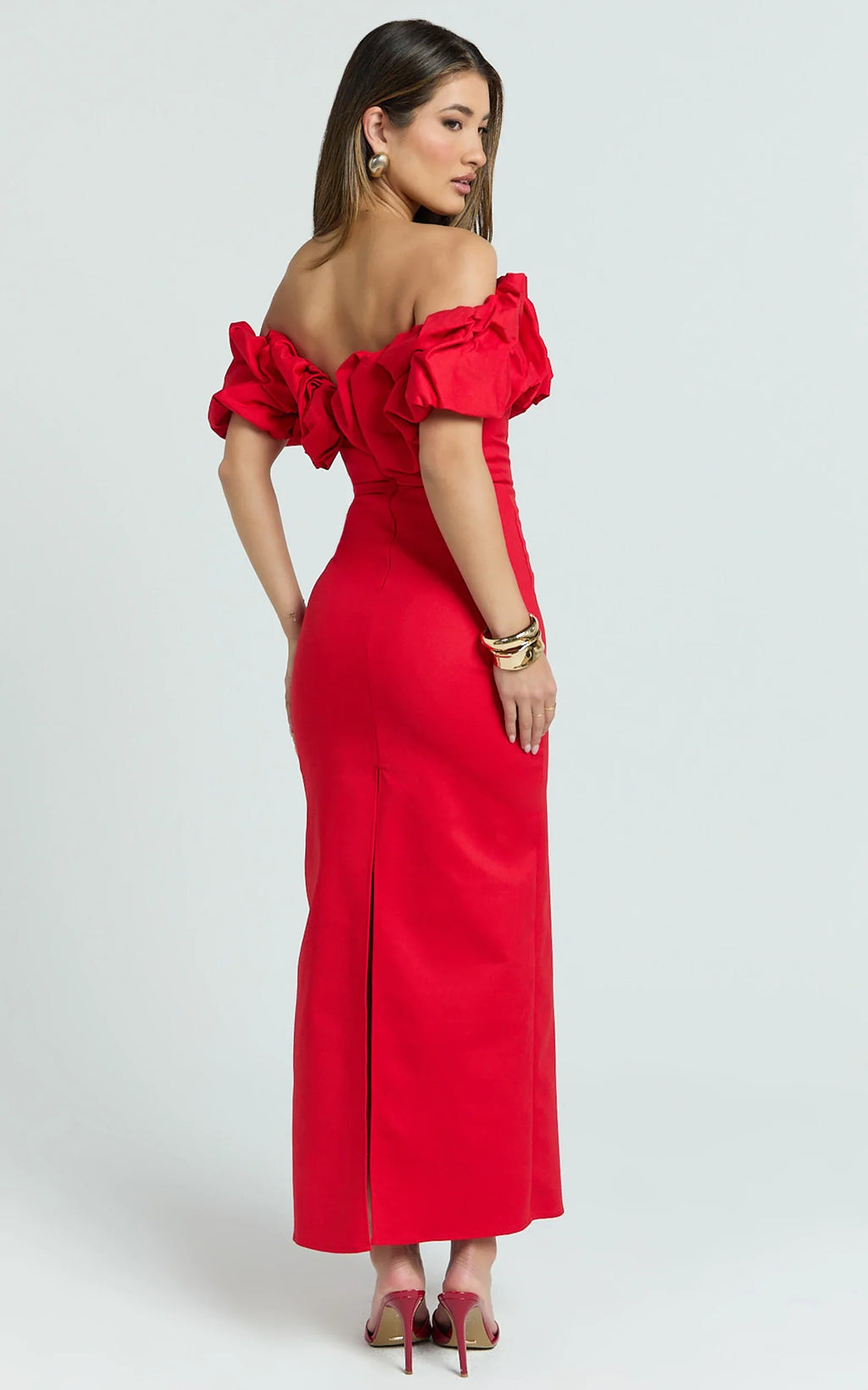 Rhaya Midi Dress - Ruffle Off Shoulder Fitted Dress in Red