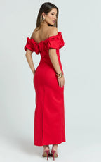Rhaya Midi Dress - Ruffle Off Shoulder Fitted Dress in Red