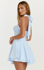 Anya Mini Dress - Halter Neck Gathered Top Drop Waist Fit And Flare Dress in Blue