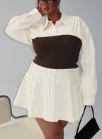 Belva Long Sleeve Corset Shirt Mini Dress Brown Stripe Curve